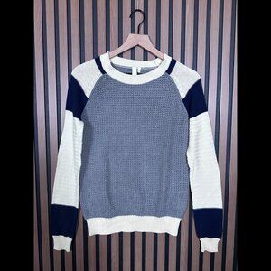 SI-IAE Sweater Small Womens Gray Ivory Crewneck 100% Cotton Pullover Open Knit